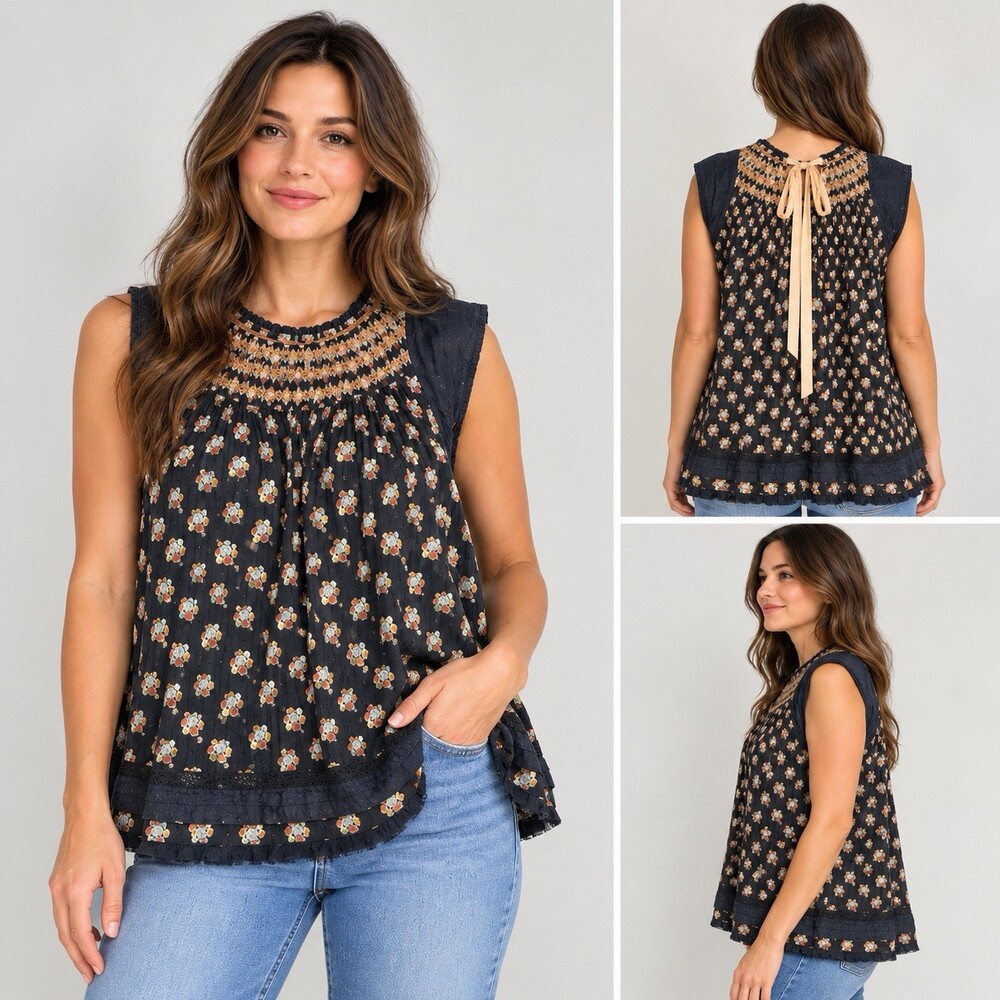 Anthropologie Womens Floral Smocked Blouse Boho Cottagecore Cotton Tie Back Top
